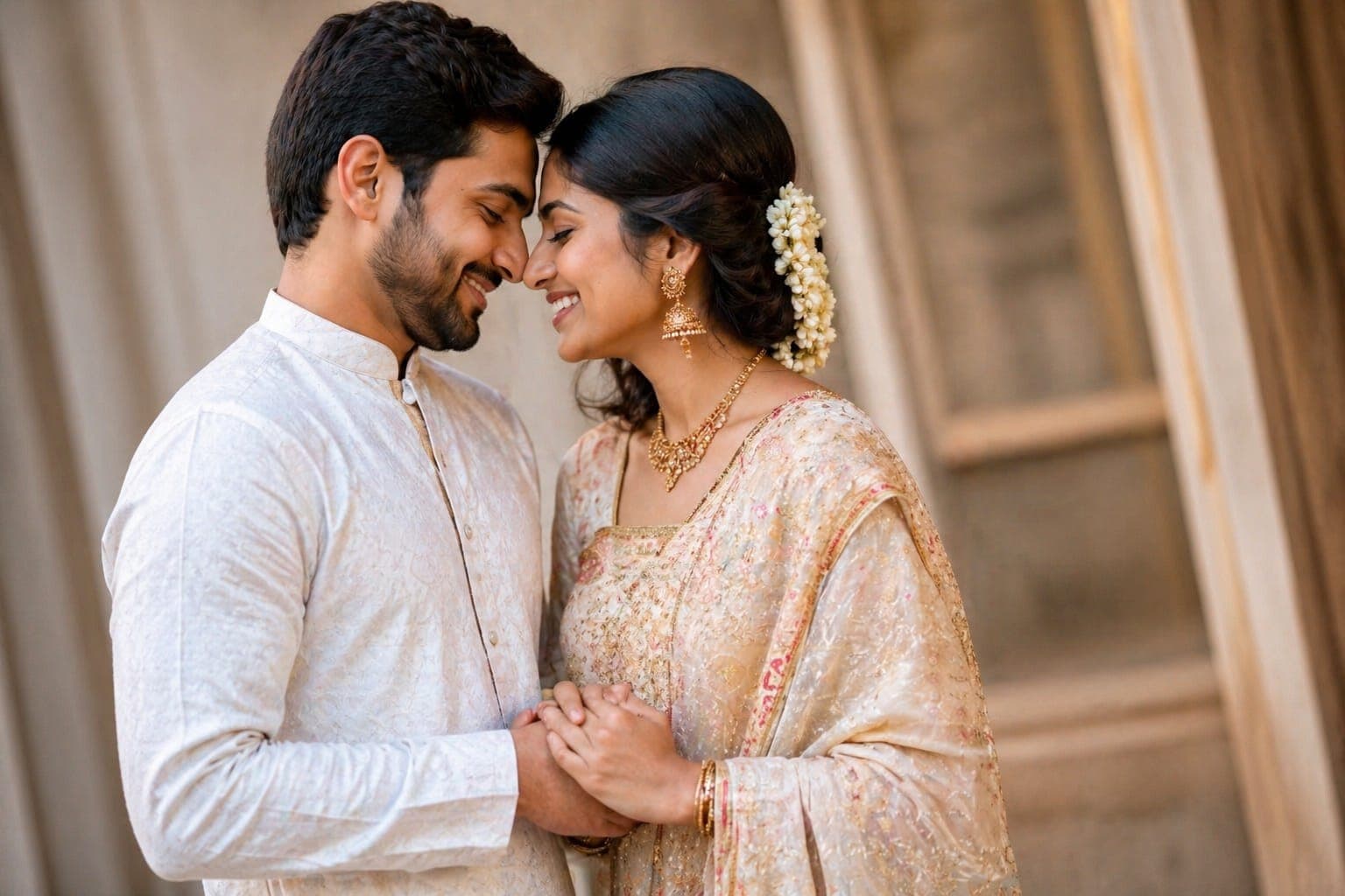 A smiling couple standing close together