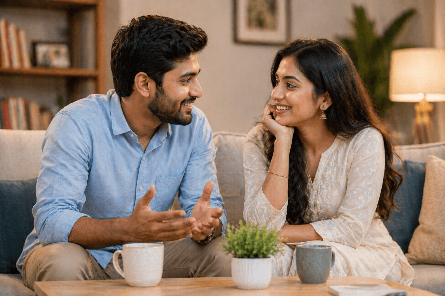 A couple having a warm conversation at home
