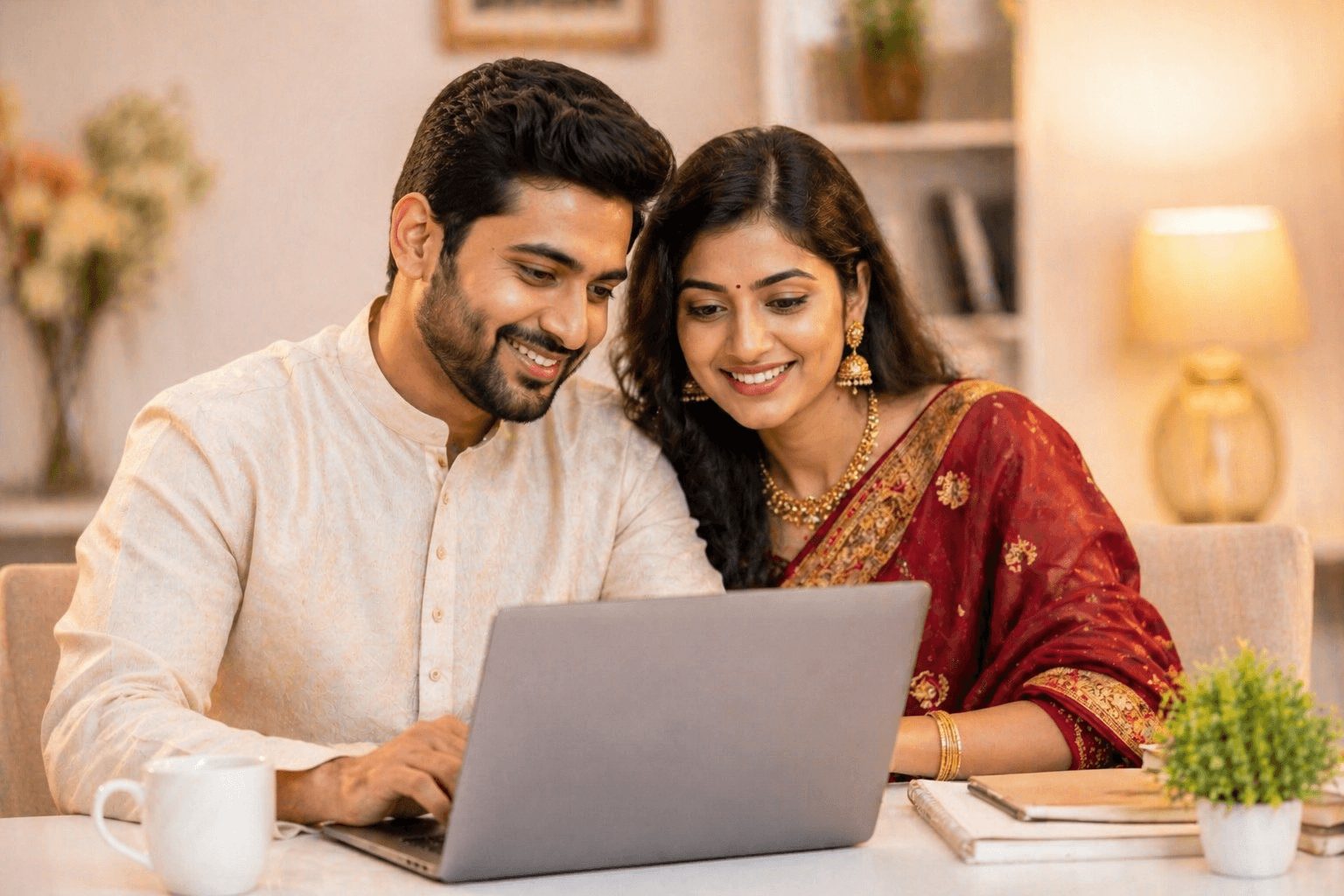 A couple reviewing compatibility details together on a laptop