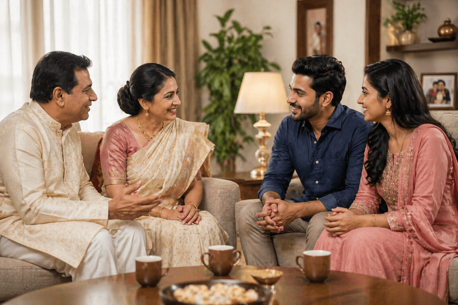 Two families meeting warmly during the matchmaking process